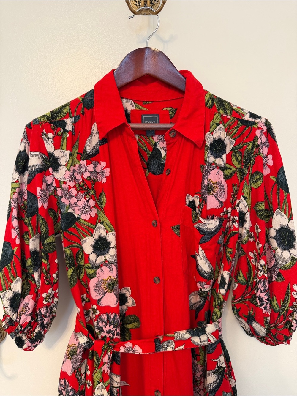 Maeve Floral Red Button-Front Women’s Full Length Shirt Dress Size M